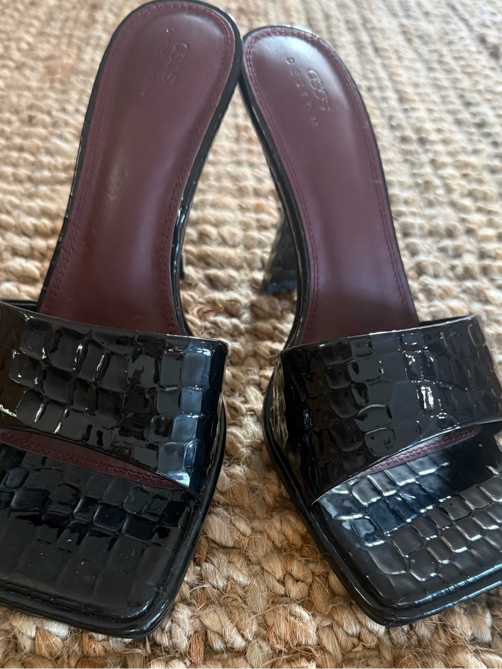 ASOS Black Patent Croc Slide Heels with Burgundy Insole